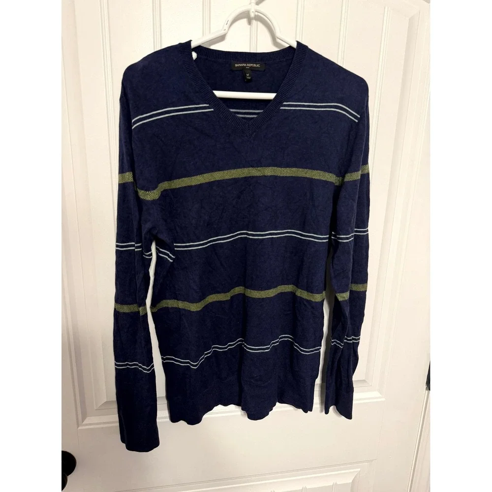 Banana Republic Sweater Mens Medium Blue Striped V-Neck 100% Cotton Knit